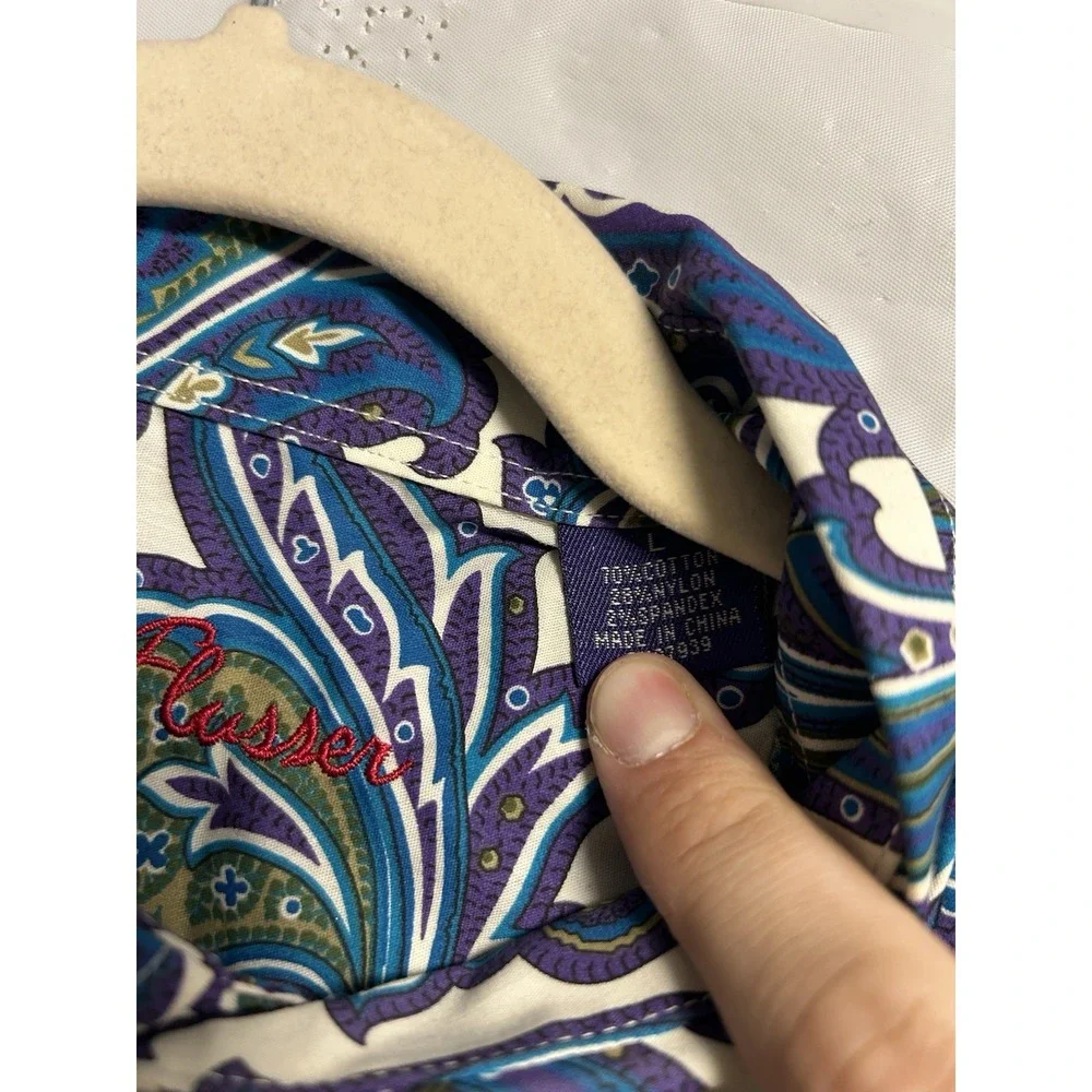 Alan Flusser Dress Shirt Men's Large Purple All Over Paisley Print Nylon Stretch